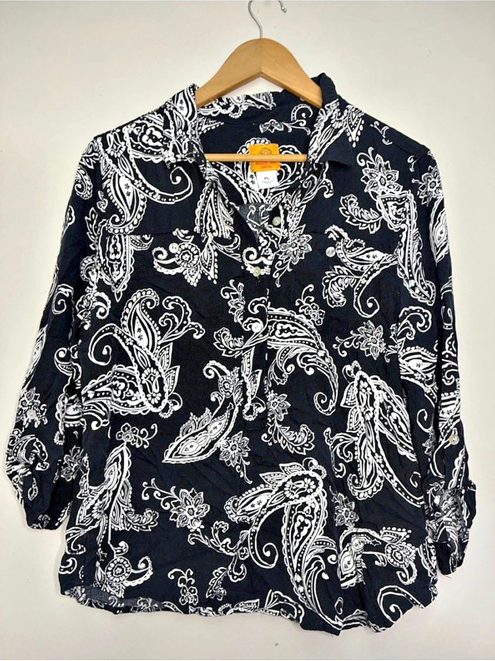Paisley Button Down Shirt in Black & White Size Large